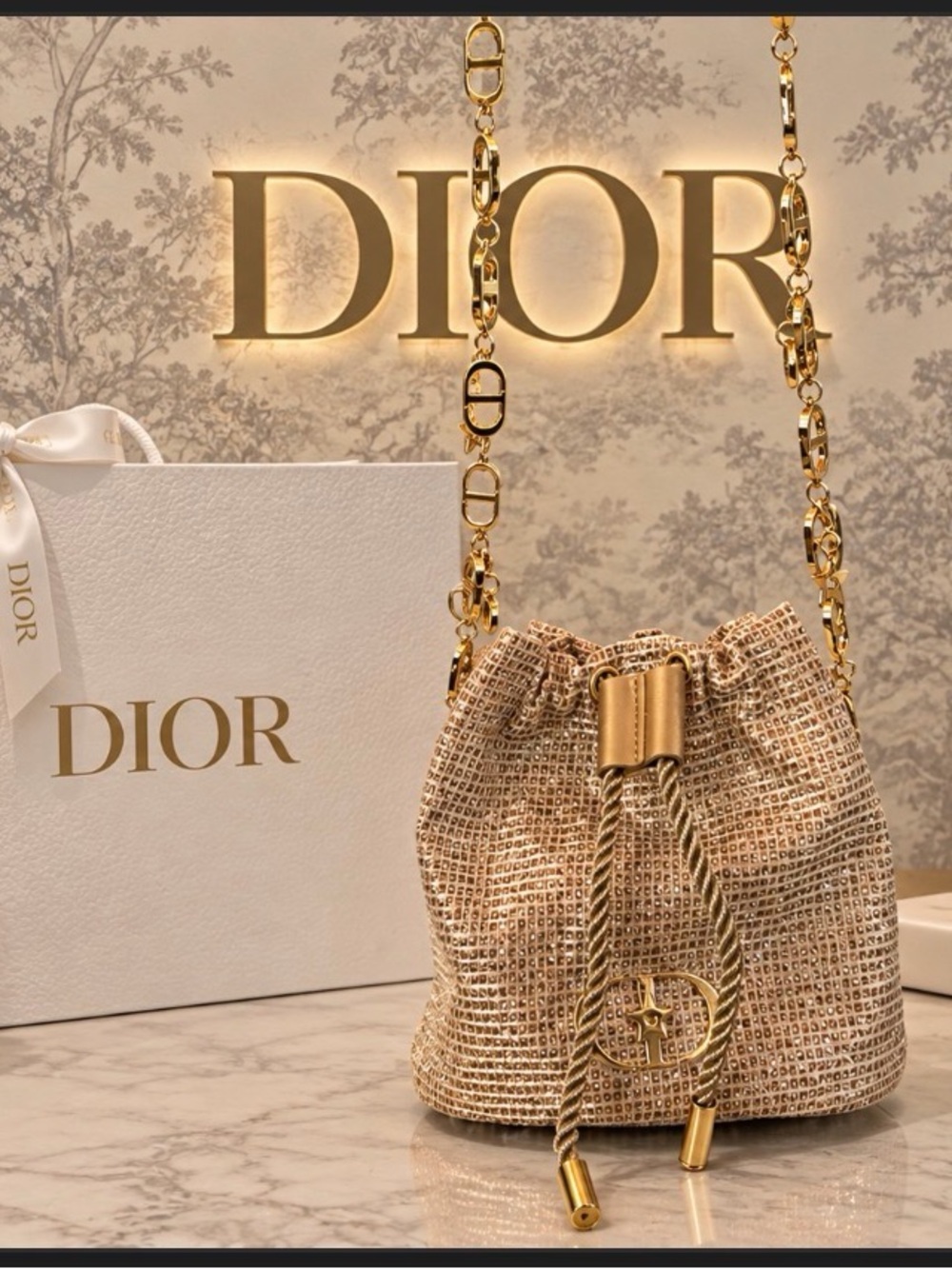 Dior Beige Raffia Mini Drawstring Bag with Gold Chain